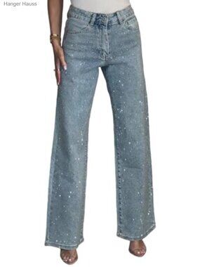 Womens High Waisted Rhinestone Sparkly Glitter Jeans Straight Leg